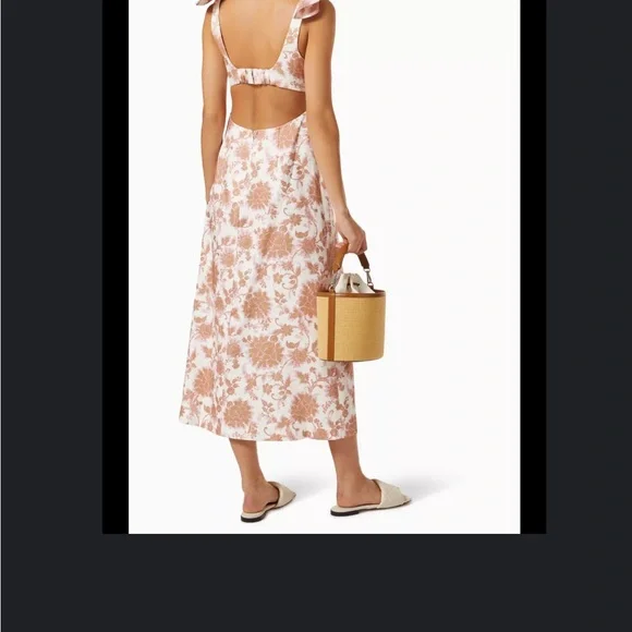 ZIMMERMANN Postcard Linen Tie Shoulder Midi Dress Sz 0 Tan Floral Open Back - Picture 7 of 16